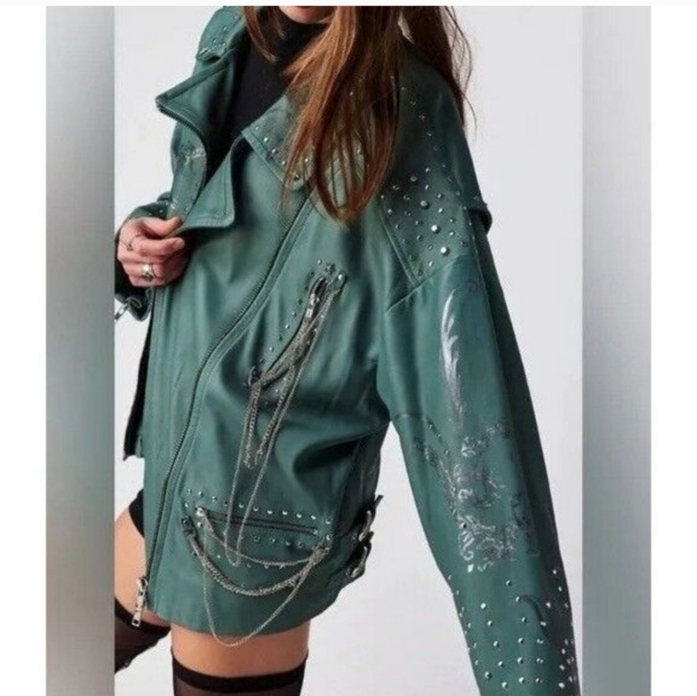 Free People x Nigel Preston Chain Embellished Biker Jacket Aqua - Picture 6 of 17